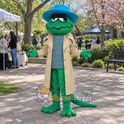 Green Gecko Mascot Costume with Tan Coat and Blue Hat Green Gecko Mascot Costume with Tan Coat and Blue Hat