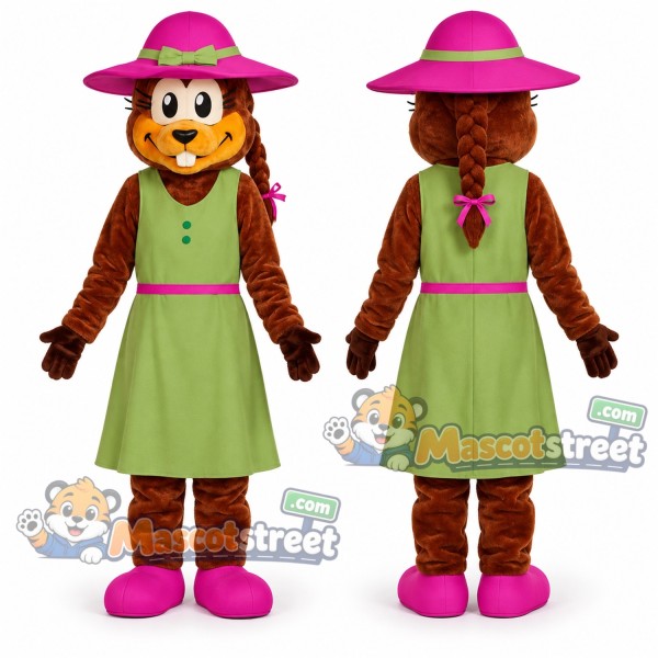 Brown Chipmunk Mascot Costume with Green Dress and Pink Hat