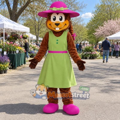 Brown Chipmunk Mascot Costume with Green Dress and Pink Hat