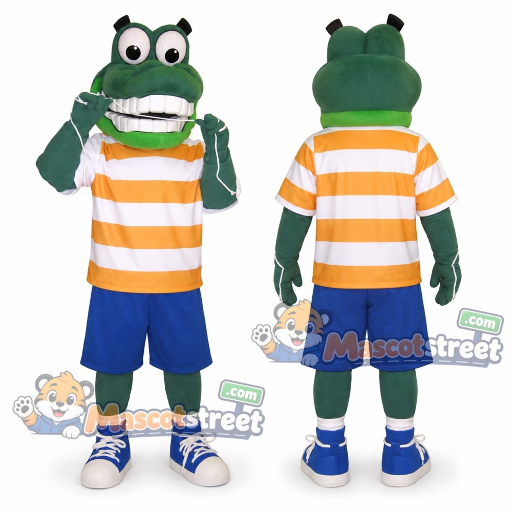 Green Crocodile Mascot Costume with Orange Striped Shirt and Blue Shorts