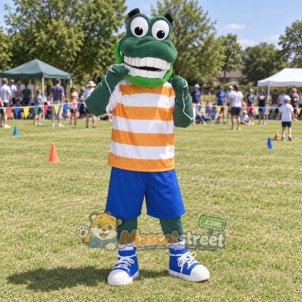 Green Crocodile Mascot Costume with Orange Striped Shirt and Blue Shorts