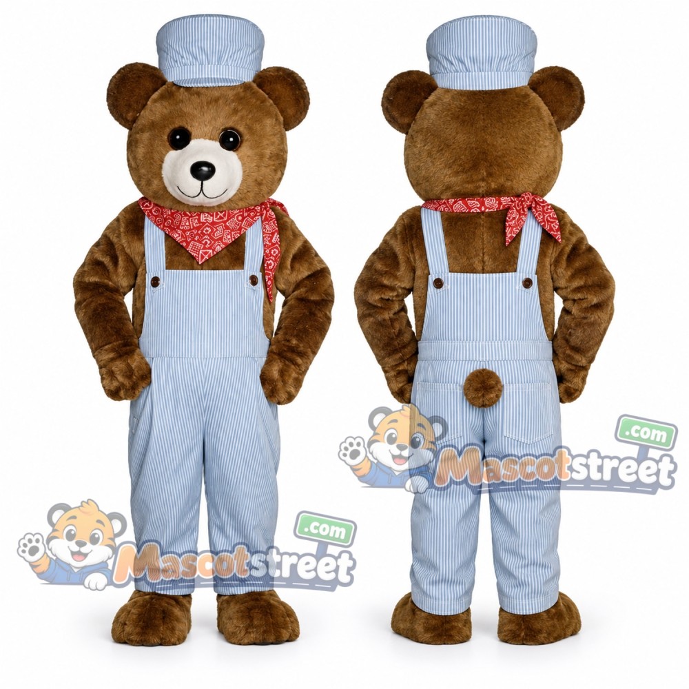 Brown Bear Mascot Costume with Blue Overalls and Train Conductor Hat Brown Bear Mascot Costume with Blue Overalls and Train Conductor Hat