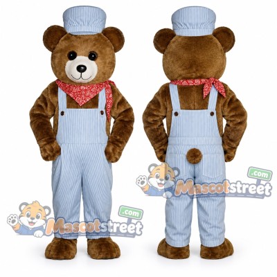Brown Bear Mascot Costume with Blue Overalls and Train Conductor Hat Brown Bear Mascot Costume with Blue Overalls and Train Conductor Hat