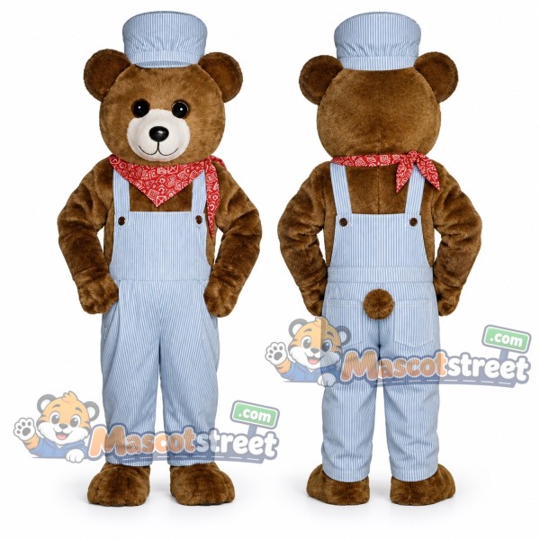 Brown Bear Mascot Costume with Blue Overalls and Train Conductor Hat