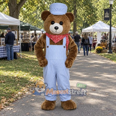 Brown Bear Mascot Costume with Blue Overalls and Train Conductor Hat Brown Bear Mascot Costume with Blue Overalls and Train Conductor Hat