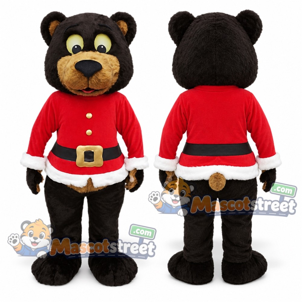 Black Bear Mascot Costume with Red Santa Coat