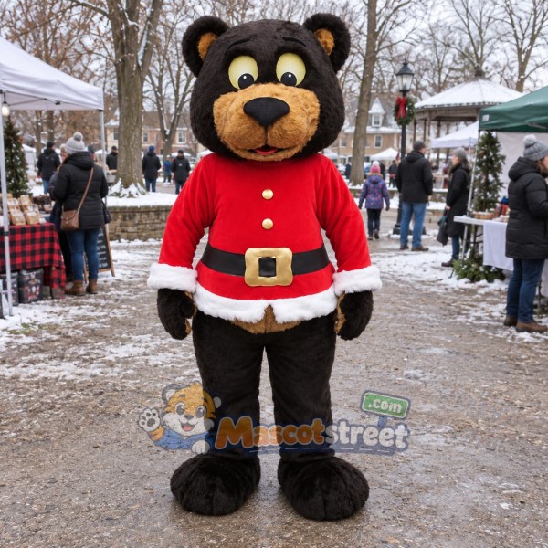 Black Bear Mascot Costume with Red Santa Coat
