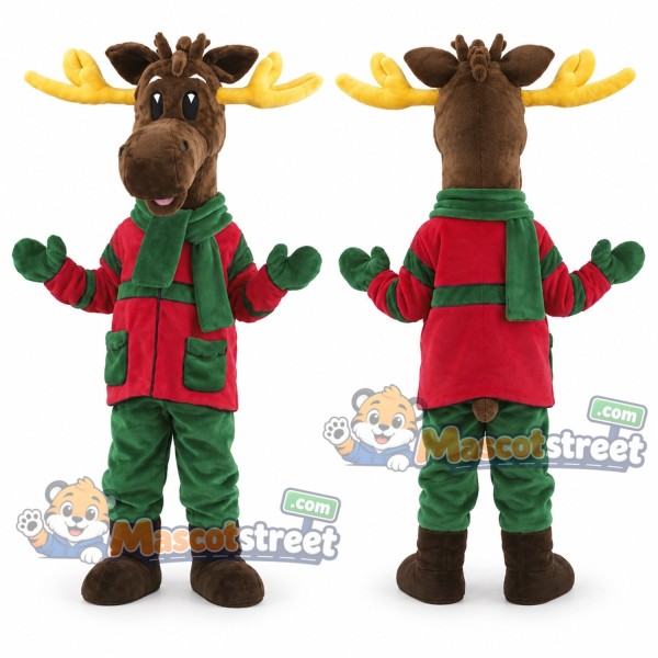 Brown Reindeer Mascot Costume with Red and Green Winter Outfit