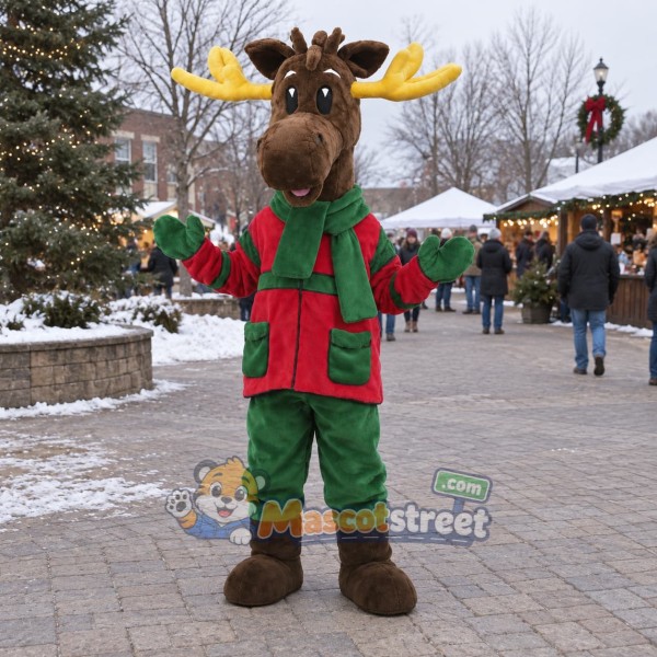 Brown Reindeer Mascot Costume with Red and Green Winter Outfit