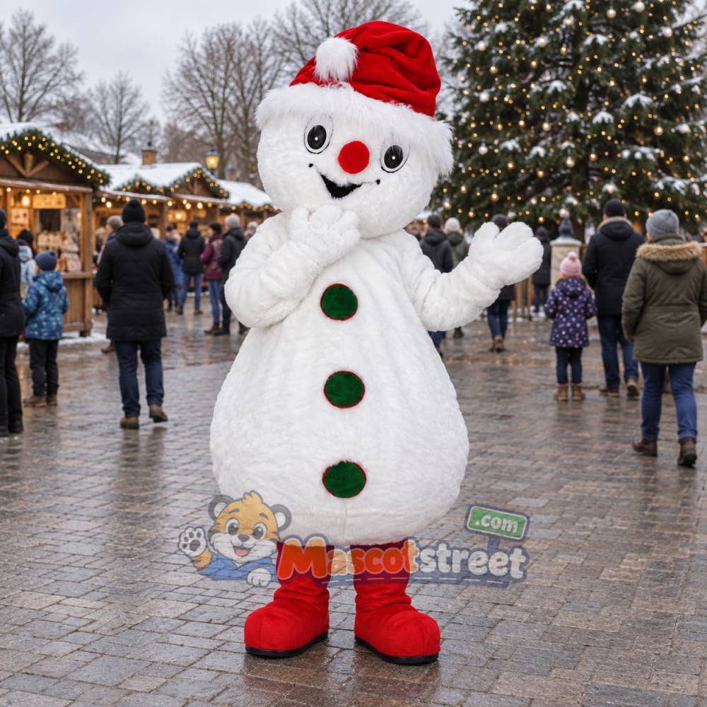 Snowman Mascot Costume with Red Santa Hat