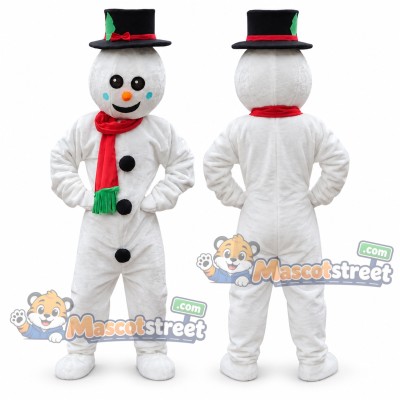 Snowman Mascot Costume with Black Top Hat and Red Scarf