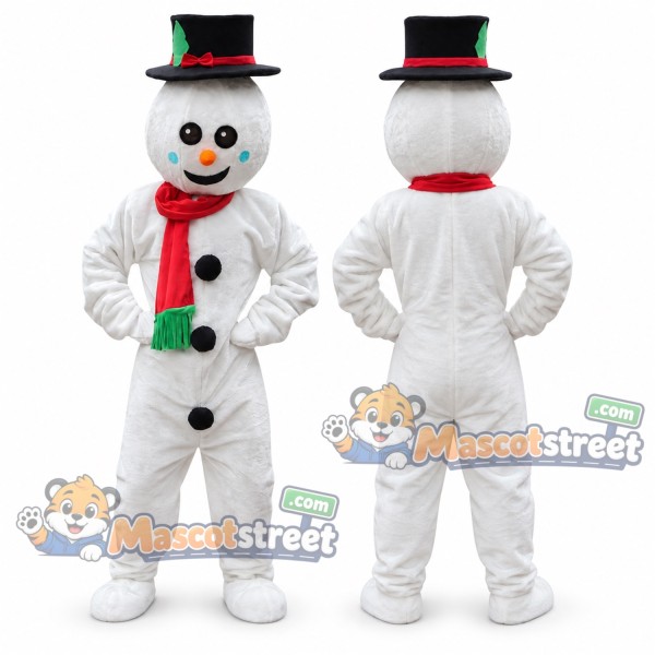Snowman Mascot Costume with Black Top Hat and Red Scarf