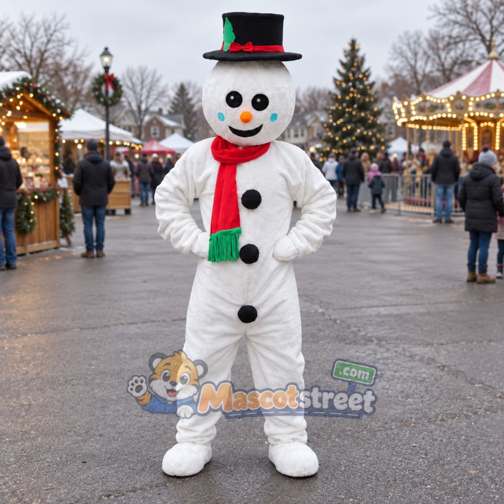 Snowman Mascot Costume with Black Top Hat and Red Scarf
