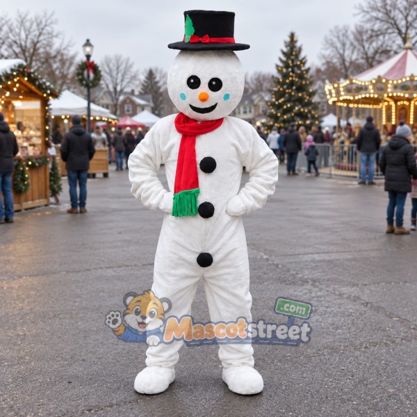 Snowman Mascot Costume with Black Top Hat and Red Scarf