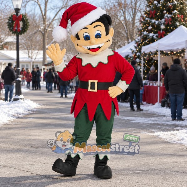 Christmas Elf Mascot Costume with Red Shirt, Green Pants and Santa Hat