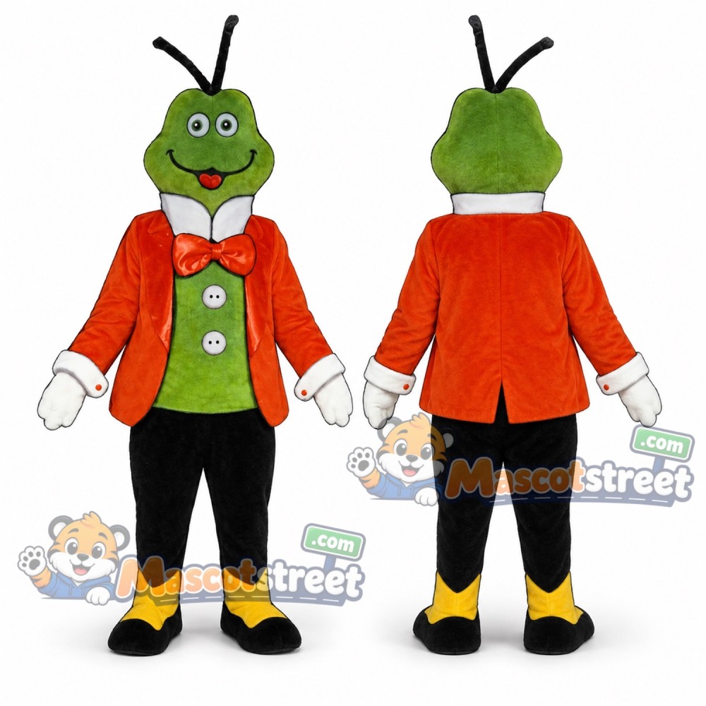 Green Cricket Mascot Costume with Orange Jacket and Green Vest