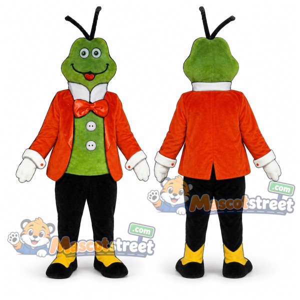 Green Cricket Mascot Costume with Orange Jacket and Green Vest