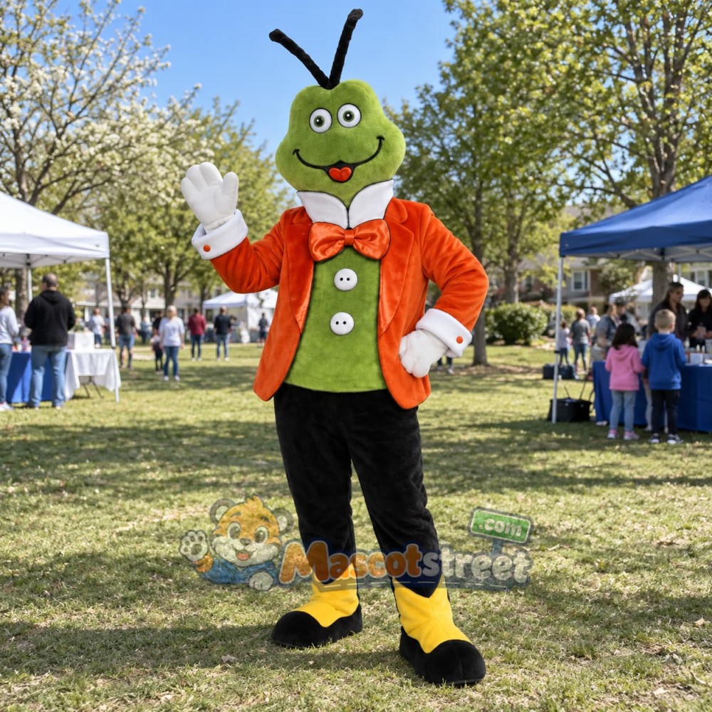 Green Cricket Mascot Costume with Orange Jacket and Green Vest