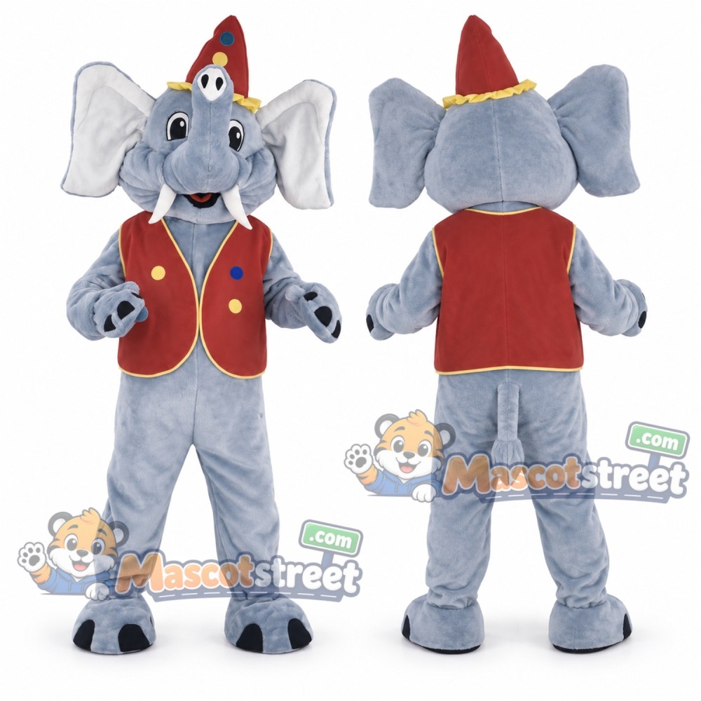 Gray Elephant Mascot Costume with Red Vest and Party Hat