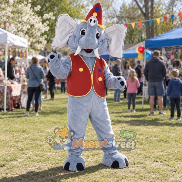 Gray Elephant Mascot Costume with Red Vest and Party Hat