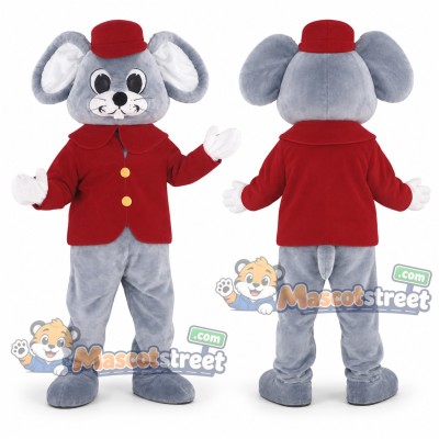 Gray Mouse Mascot Costume with Red Jacket and Hat Gray Mouse Mascot Costume with Red Jacket and Hat