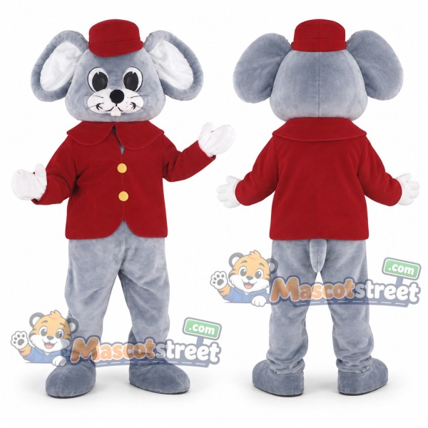 Gray Mouse Mascot Costume with Red Jacket and Hat