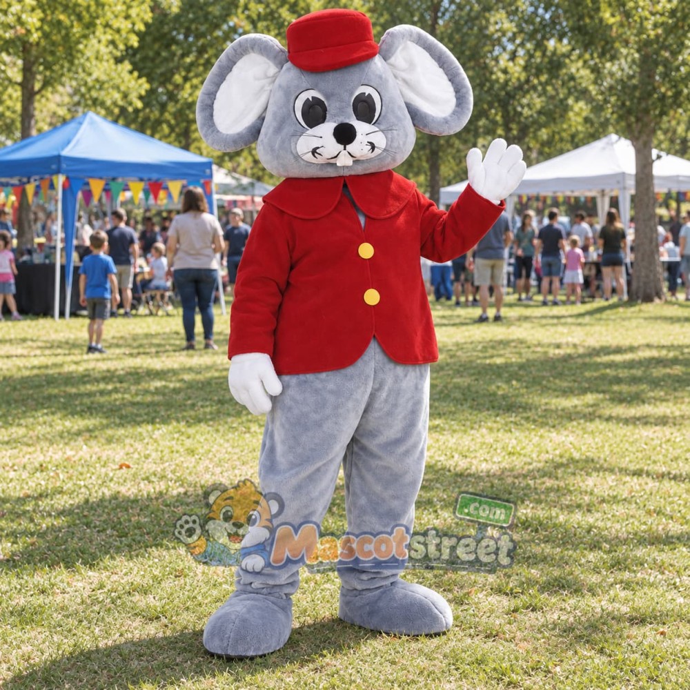 Gray Mouse Mascot Costume with Red Jacket and Hat Gray Mouse Mascot Costume with Red Jacket and Hat