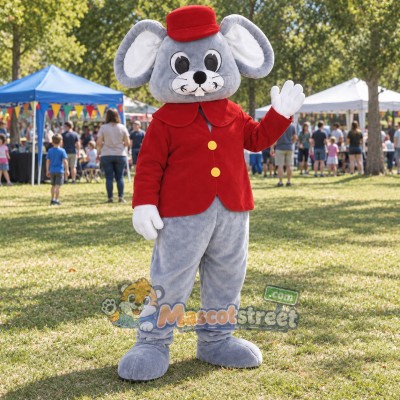 Gray Mouse Mascot Costume with Red Jacket and Hat Gray Mouse Mascot Costume with Red Jacket and Hat