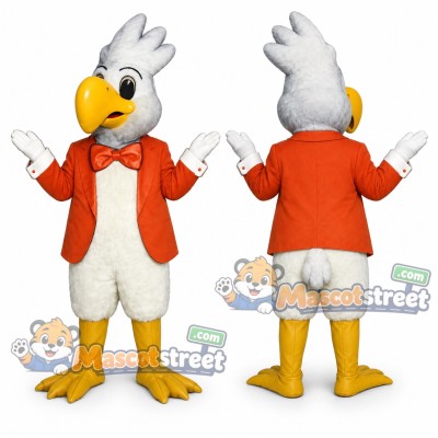 White Cockatoo Mascot Costume with Orange Jacket and Bow Tie White Cockatoo Mascot Costume with Orange Jacket and Bow Tie