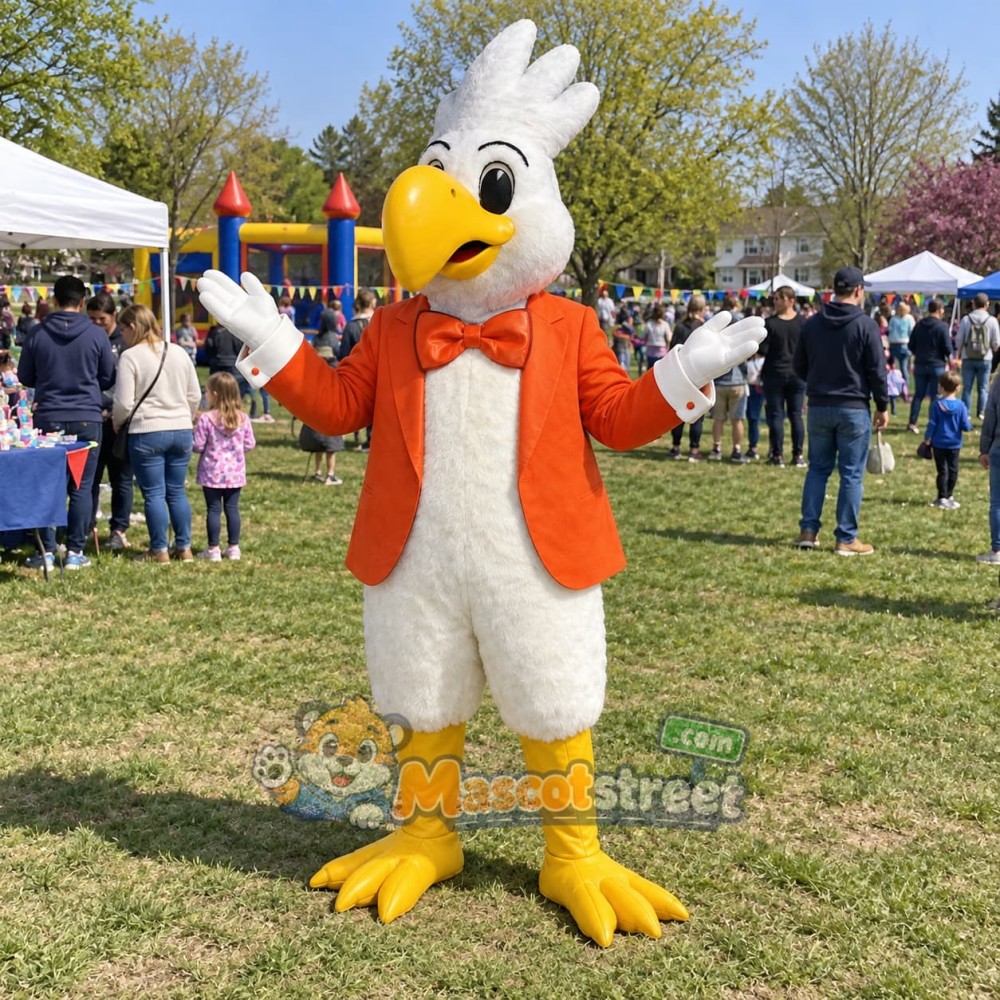 White Cockatoo Mascot Costume with Orange Jacket and Bow Tie White Cockatoo Mascot Costume with Orange Jacket and Bow Tie