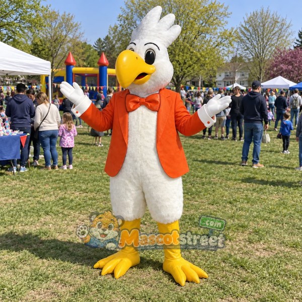 White Cockatoo Mascot Costume with Orange Jacket and Bow Tie