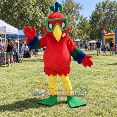 Red Parrot Mascot Costume with Green Goggles