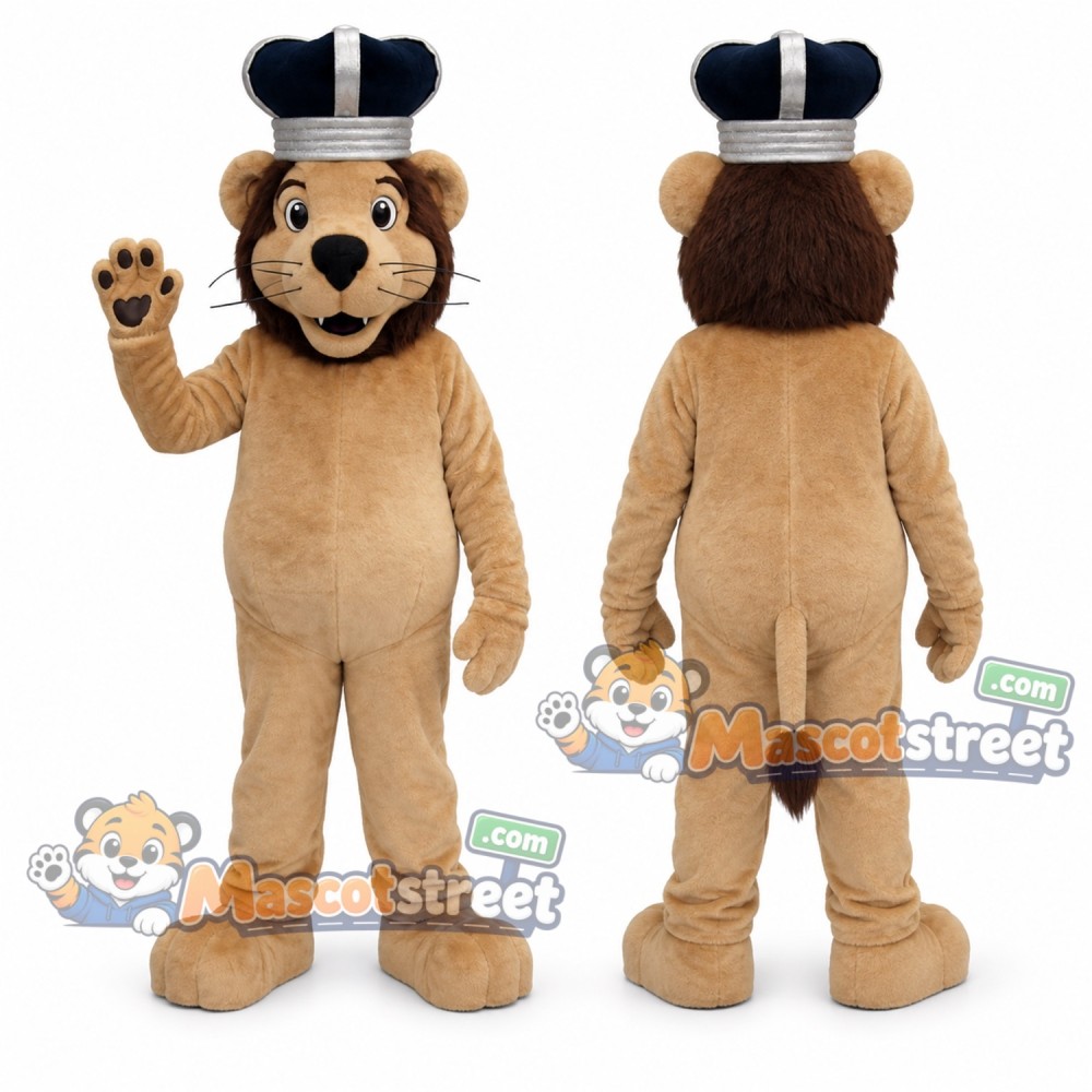 Tan Lion Mascot Costume with Blue Crown Tan Lion Mascot Costume with Blue Crown