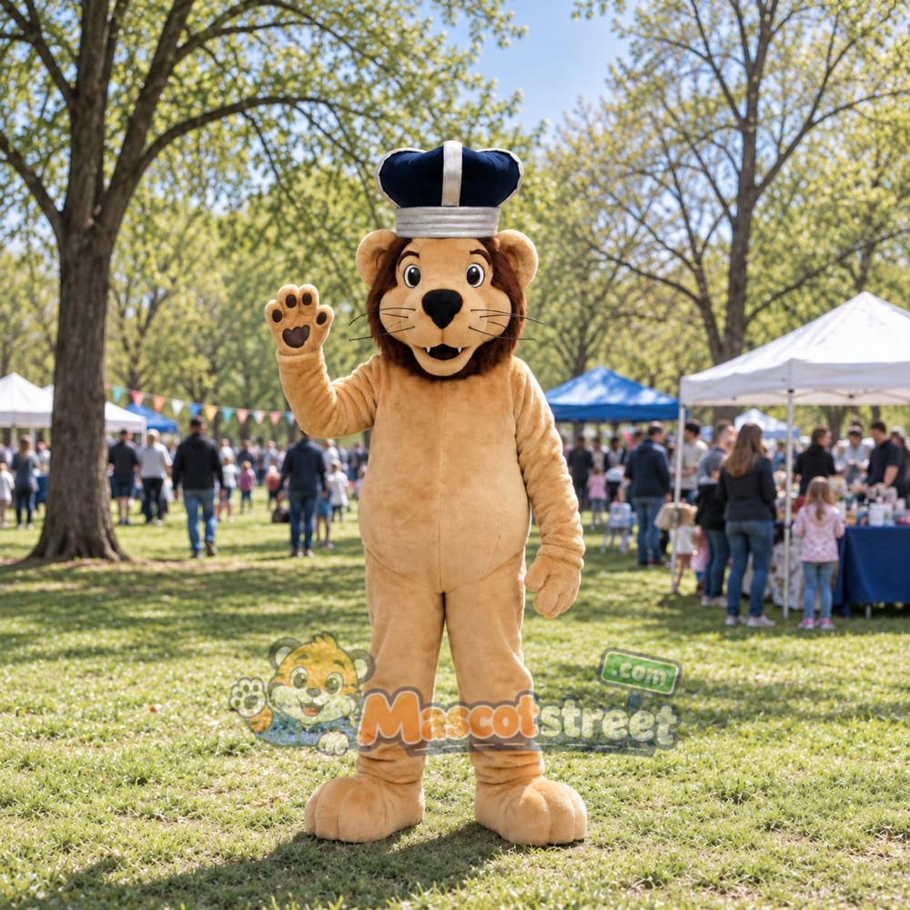 Tan Lion Mascot Costume with Blue Crown Tan Lion Mascot Costume with Blue Crown