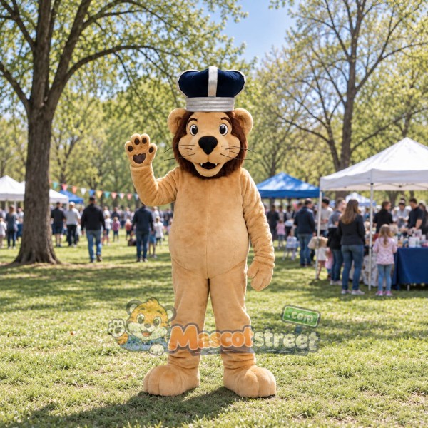 Tan Lion Mascot Costume with Blue Crown
