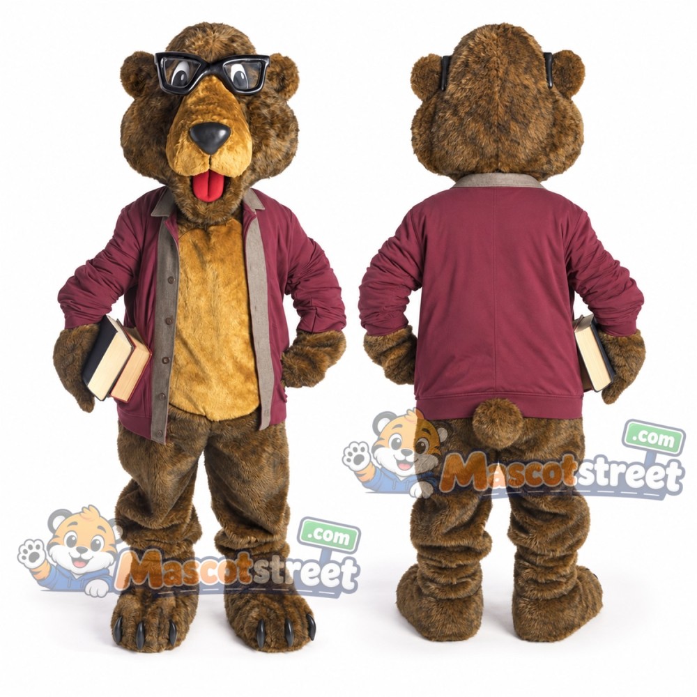 Brown Bear Mascot Costume with Burgundy Jacket and Glasses Brown Bear Mascot Costume with Burgundy Jacket and Glasses