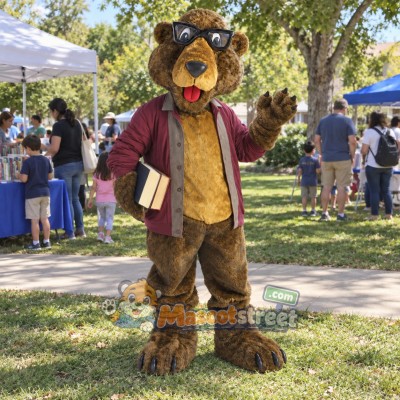Brown Bear Mascot Costume with Burgundy Jacket and Glasses Brown Bear Mascot Costume with Burgundy Jacket and Glasses