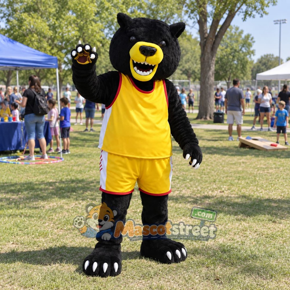 Black Bear Mascot Costume with Yellow Sports Uniform Black Bear Mascot Costume with Yellow Sports Uniform