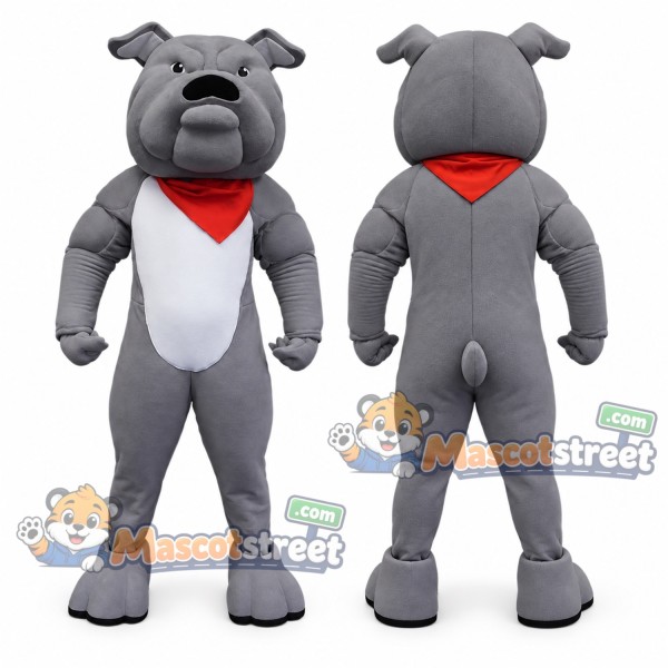 Gray Bulldog Mascot Costume with Red Bandana
