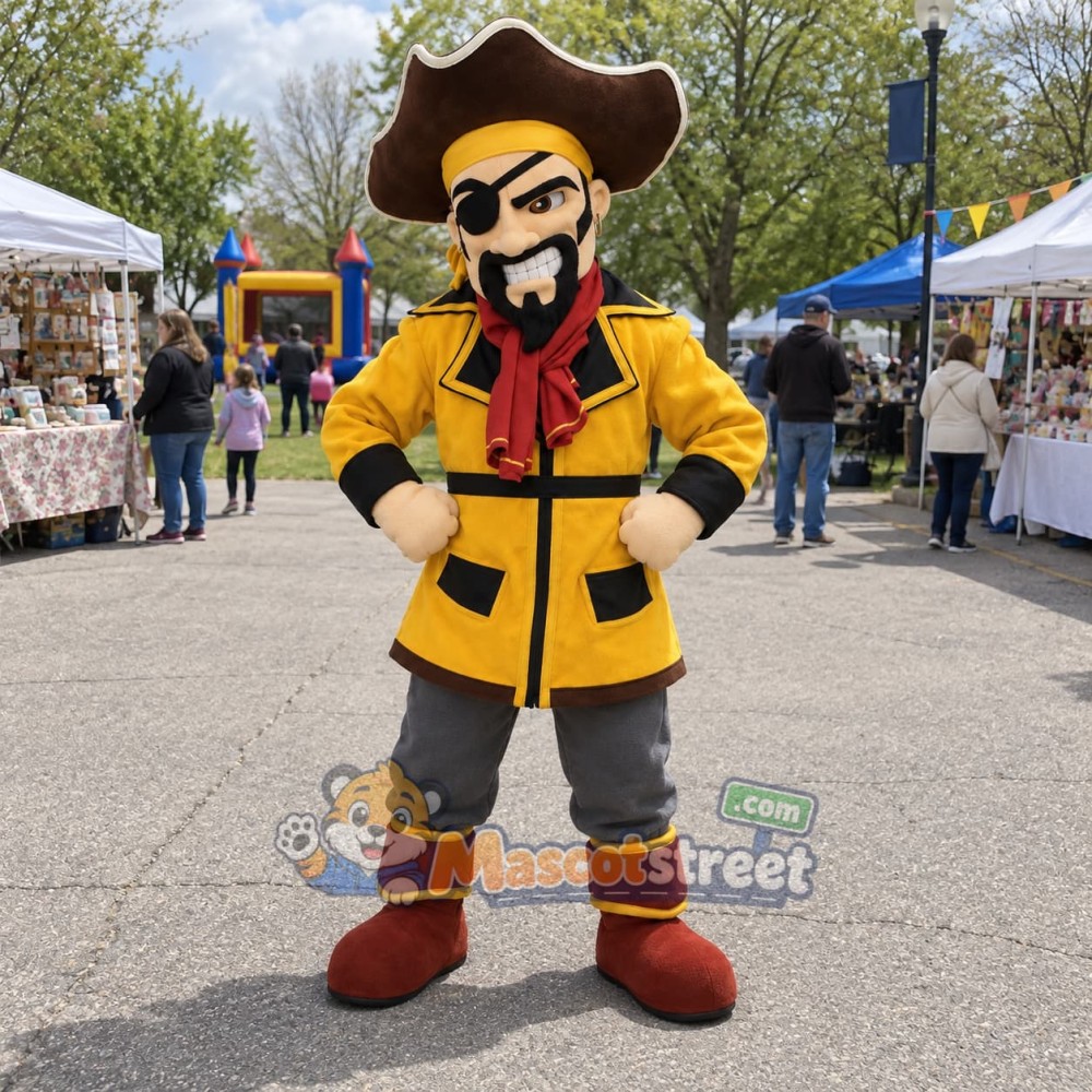 Pirate Mascot Costume with Yellow Coat and Tricorn Hat Pirate Mascot Costume with Yellow Coat and Tricorn Hat