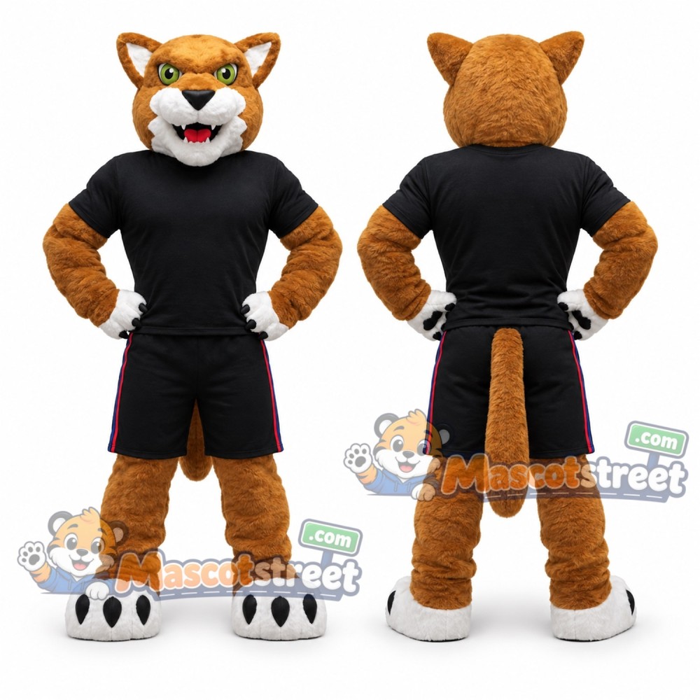 Brown Cougar Mascot Costume with Black Sports Uniform