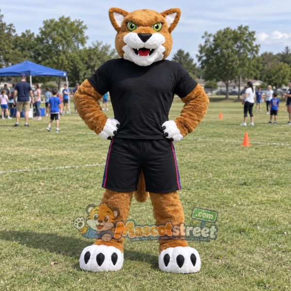 Brown Cougar Mascot Costume with Black Sports Uniform