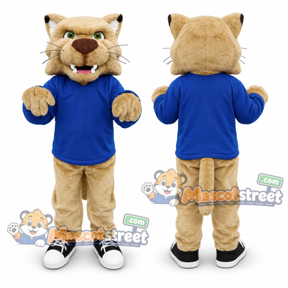 Tan Bobcat Mascot Costume with Blue Shirt