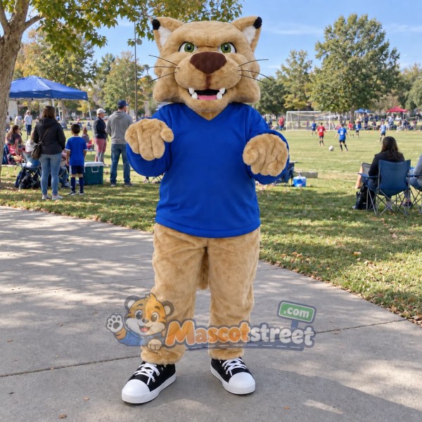 Tan Bobcat Mascot Costume with Blue Shirt