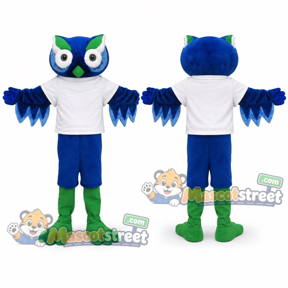 Blue Owl Mascot Costume with White Shirt and Blue Shorts Blue Owl Mascot Costume with White Shirt and Blue Shorts