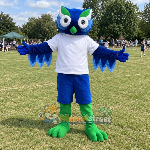 Blue Owl Mascot Costume with White Shirt and Blue Shorts