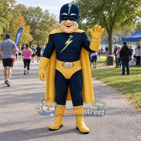 Superhero Mascot Costume with Blue and Yellow Suit and Cape