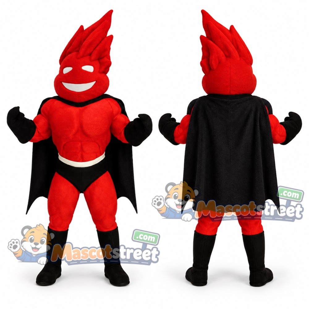 Red Flame Superhero Mascot Costume with Black Cape Red Flame Superhero Mascot Costume with Black Cape