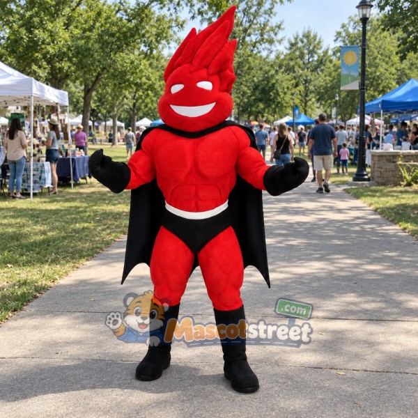 Red Flame Superhero Mascot Costume with Black Cape