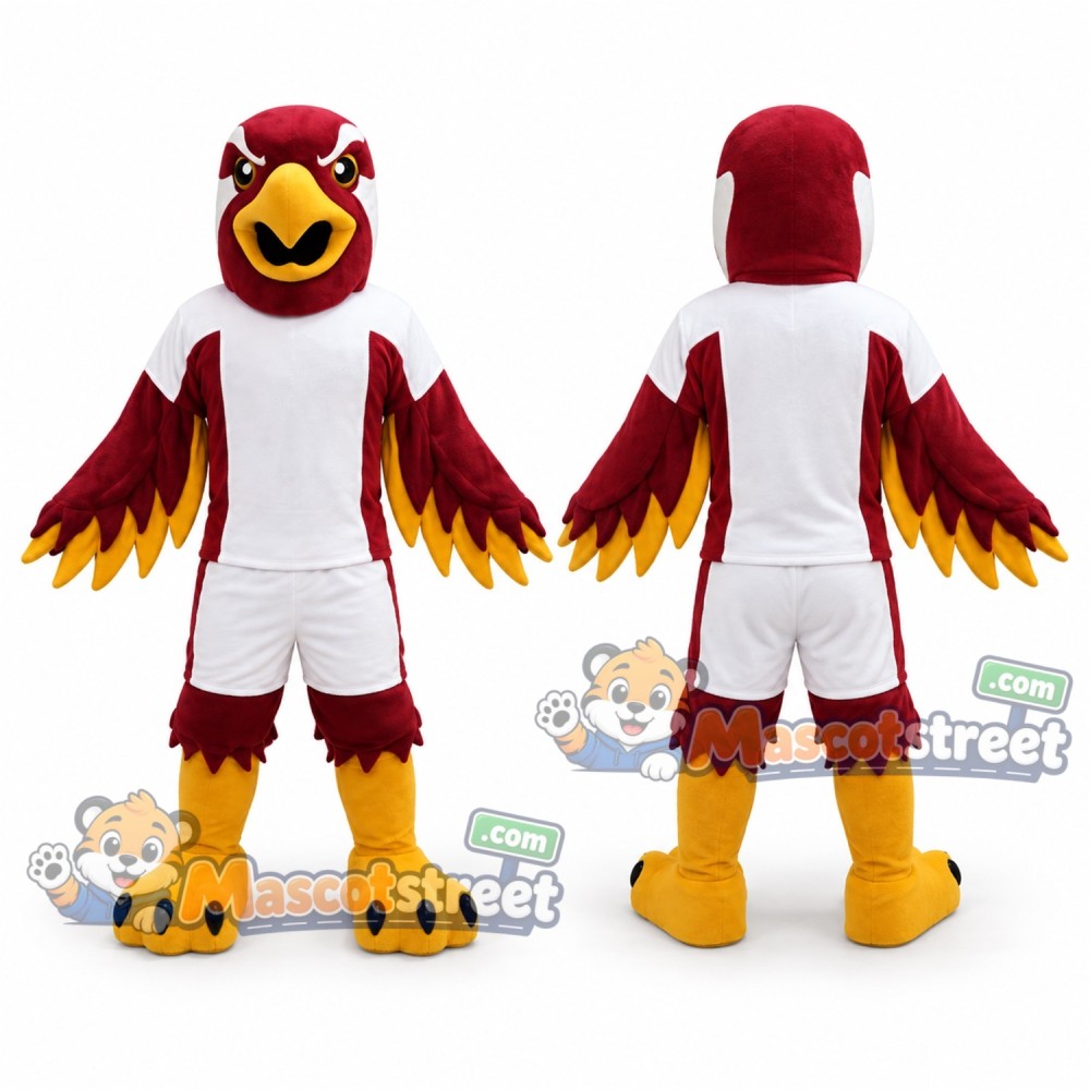 Burgundy Falcon Mascot Costume with White Sports Uniform Burgundy Falcon Mascot Costume with White Sports Uniform